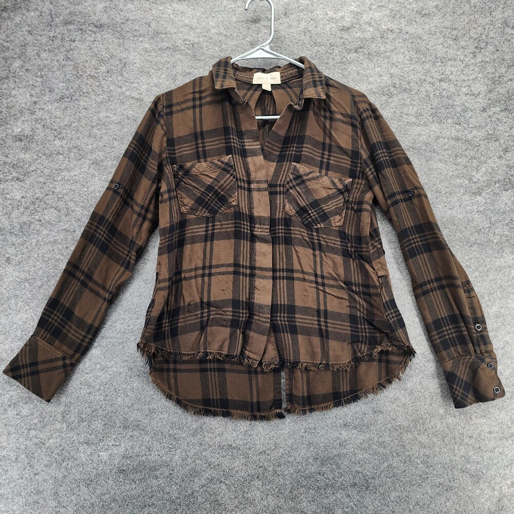 Anthropologie Cloth & Stone Shirt Womens XS Roll Tab Sleeve Brown Plaid
